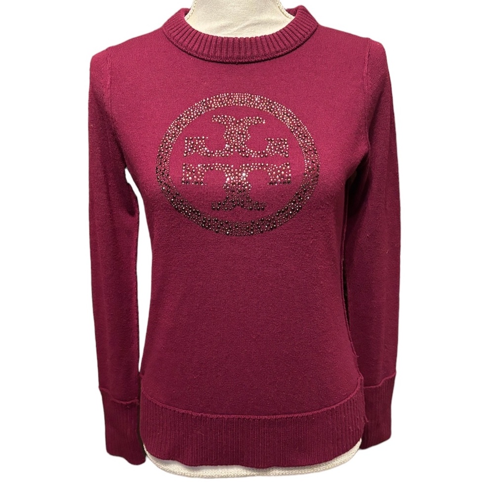TORY BURCH WOOL/CASHMERE BLEND CRYSTAL LOG SWEATER